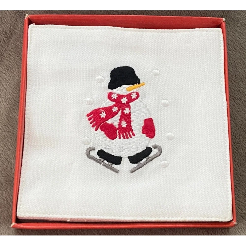 Crate & Barrel ~ 8 Embroidered Christmas Skating Snowman Cotton Coasters ~ New